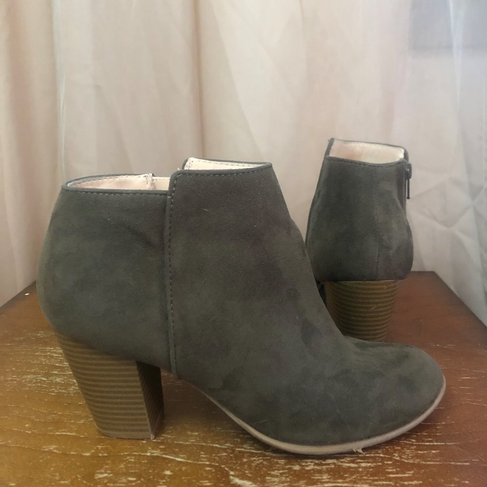 Dark Green "Suede" Stacked Heel Bootie